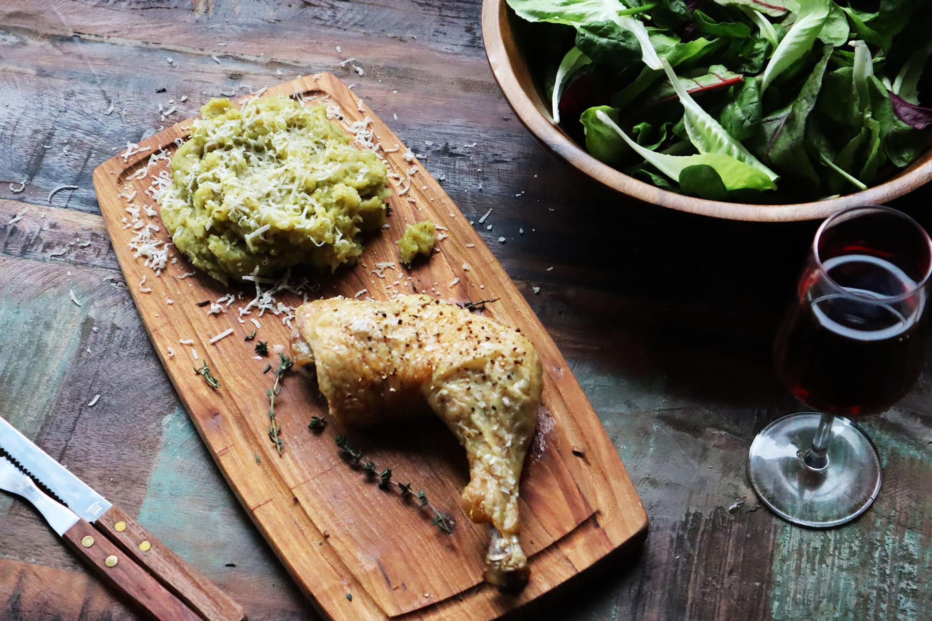 Pesto Parmesan Mash with Roast Chicken